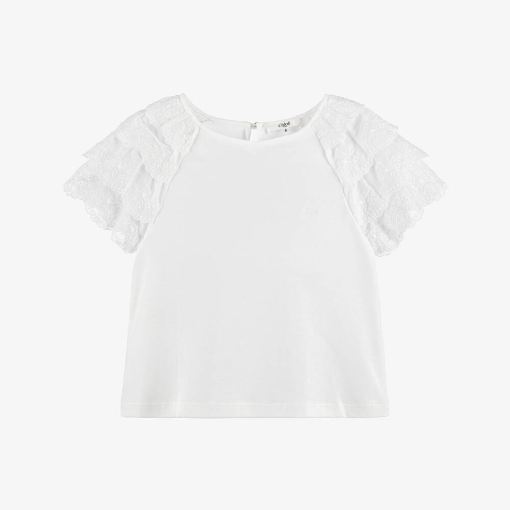 Chloé-Girls White Cotton Jersey T-Shirt with Embroidered Sleeves | Childrensalon Outlet