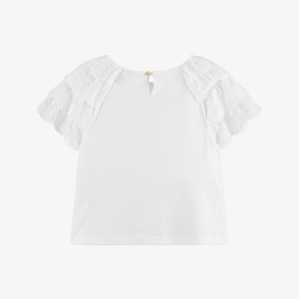 Chloé-Girls White Cotton Jersey T-Shirt with Embroidered Sleeves | Childrensalon Outlet