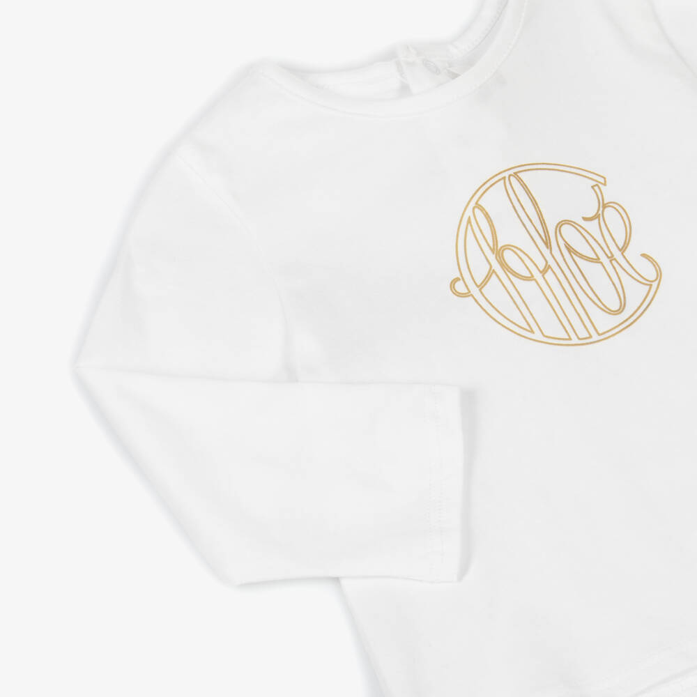 Chloé-Girls White Cotton Long-Sleeved Top with Gold Foil Logo | Childrensalon Outlet