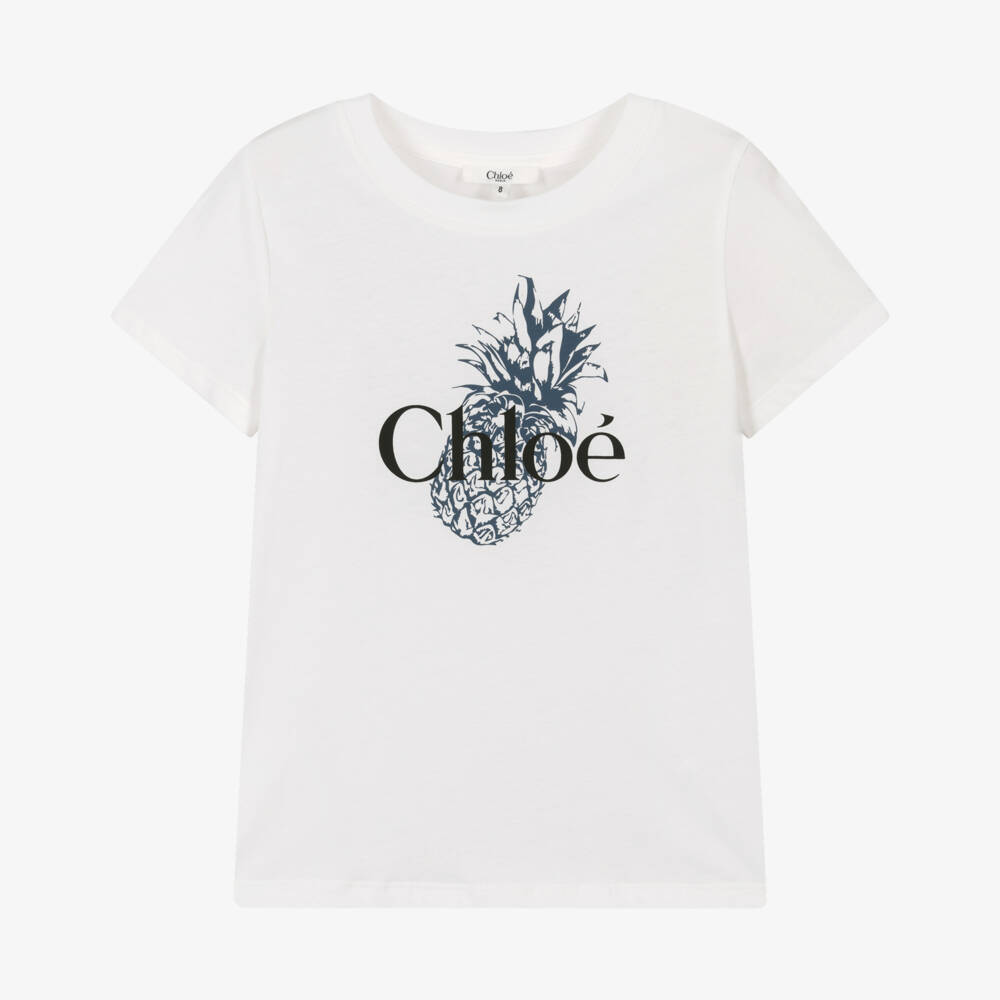 Chloé-Girls White Cotton Pineapple Logo T-Shirt | Childrensalon Outlet