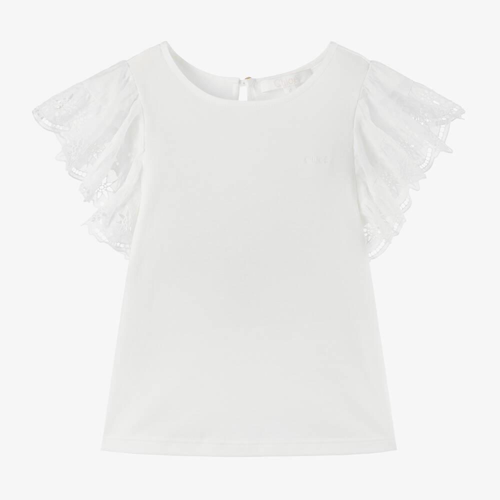 Chloé-Girls White Cotton Ruffle-Sleeve T-Shirt | Childrensalon Outlet