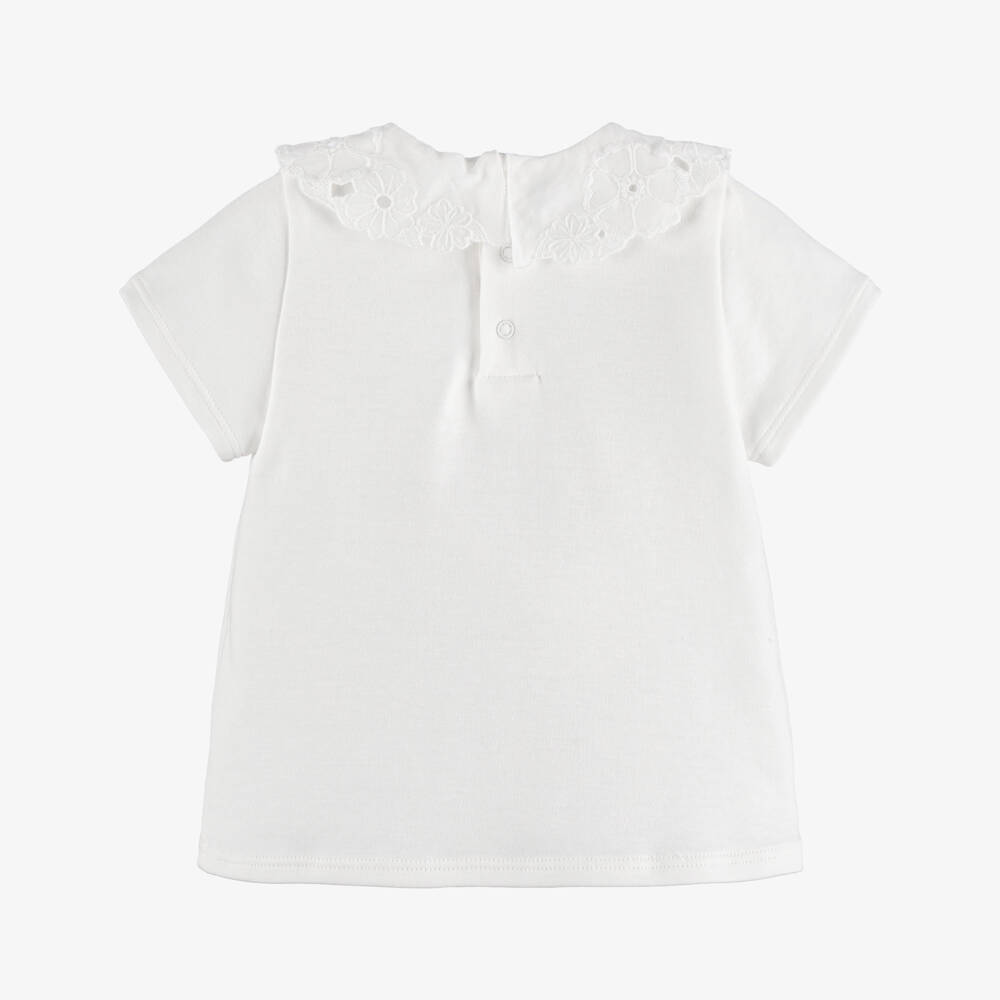 Chloé-Girls White Cotton T-Shirt with Floral Collar | Childrensalon Outlet