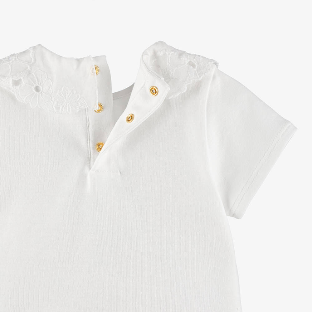 Chloé-Girls White Cotton T-Shirt with Floral Collar | Childrensalon Outlet