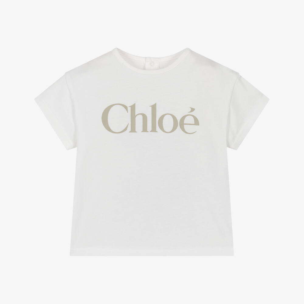 Chloé-Girls White Cotton T-Shirt with Signature Logo | Childrensalon Outlet
