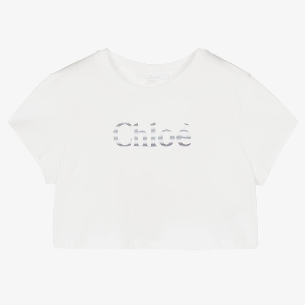Chloé - Girls White Cropped Cotton Logo T-Shirt | Childrensalon