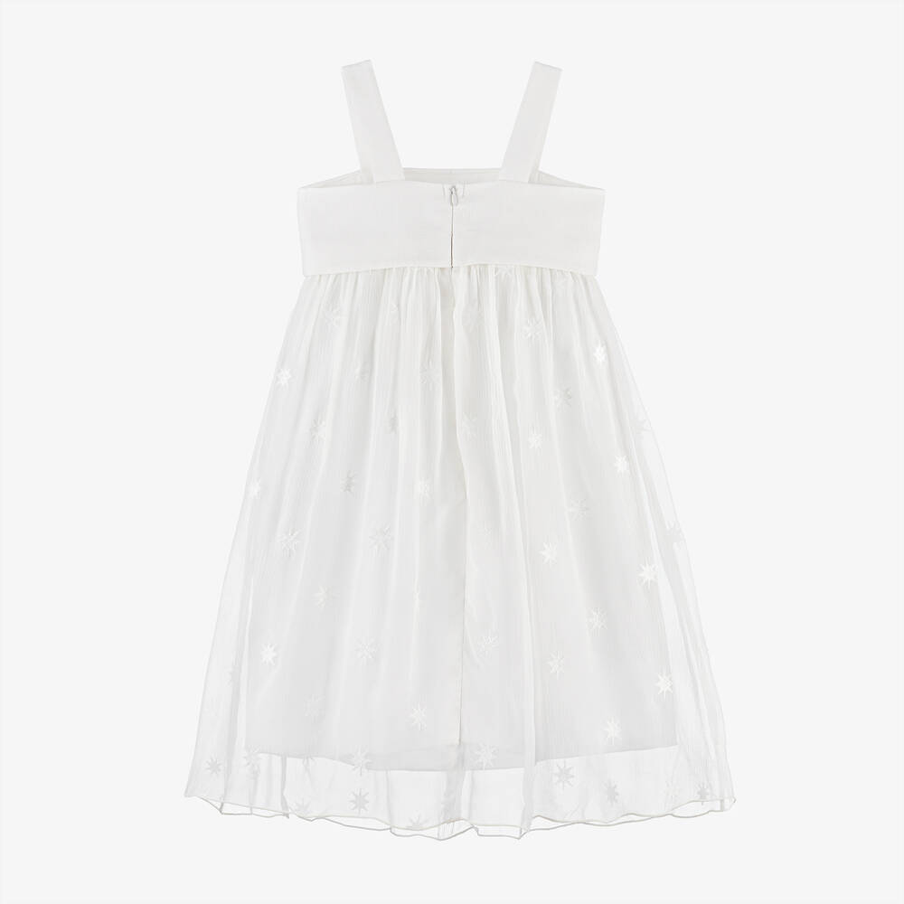 Chloé-فستان بطبعة نجوم حرير كريب مطرز لون أبيض | Childrensalon Outlet