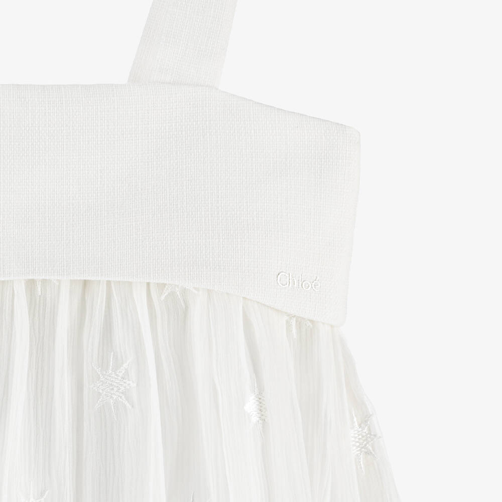 Chloé-فستان بطبعة نجوم حرير كريب مطرز لون أبيض | Childrensalon Outlet