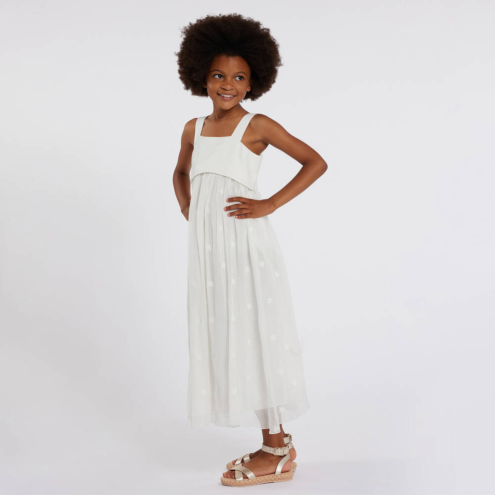 Chloé-فستان بطبعة نجوم حرير كريب مطرز لون أبيض | Childrensalon Outlet