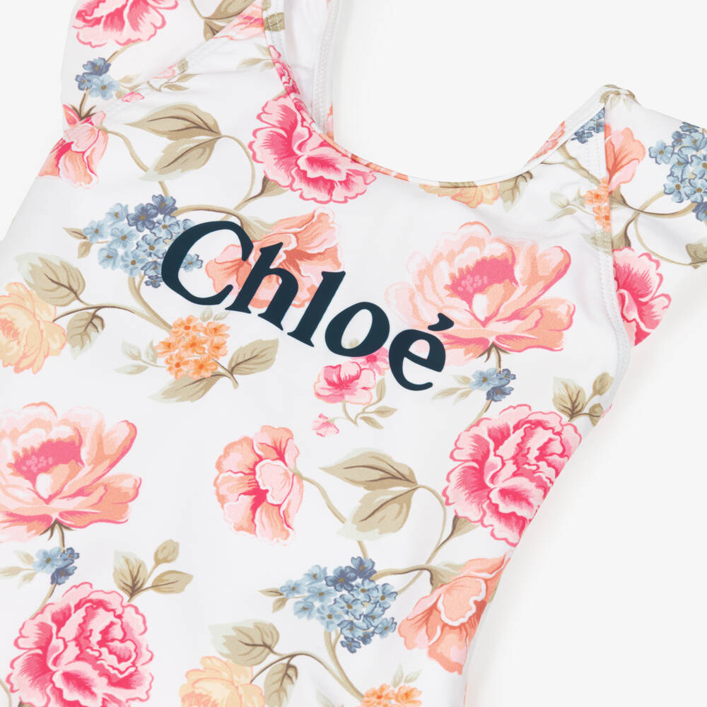 Chloé-Girls White Floral Patterned Logo Swimsuit | Childrensalon Outlet