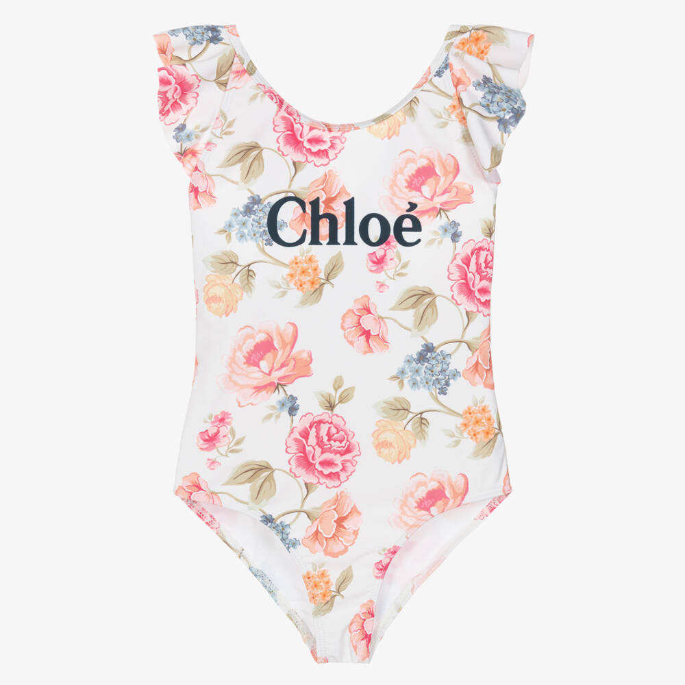 Chloé-Girls White Floral Patterned Logo Swimsuit | Childrensalon Outlet