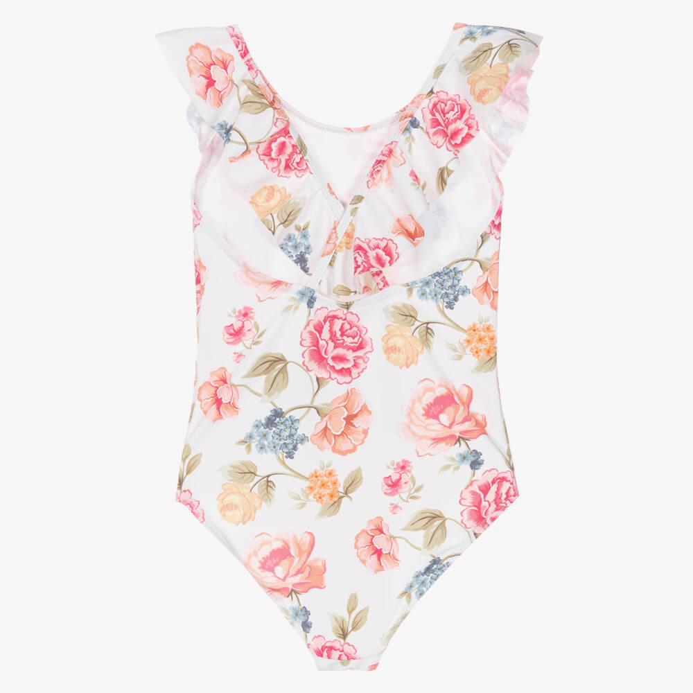 Chloé-Girls White Floral Patterned Logo Swimsuit | Childrensalon Outlet