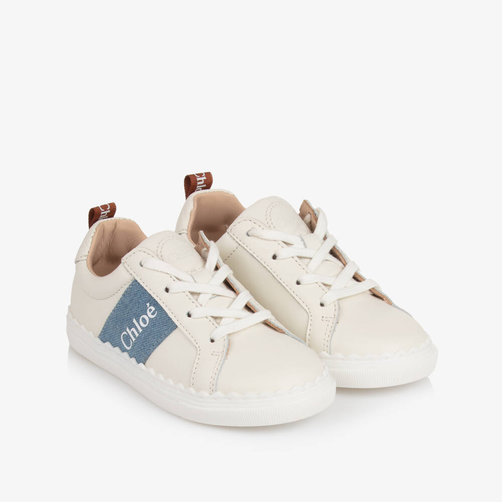 Chloé-Girls White Leather Lauren Trainers with Denim Trim | Childrensalon Outlet