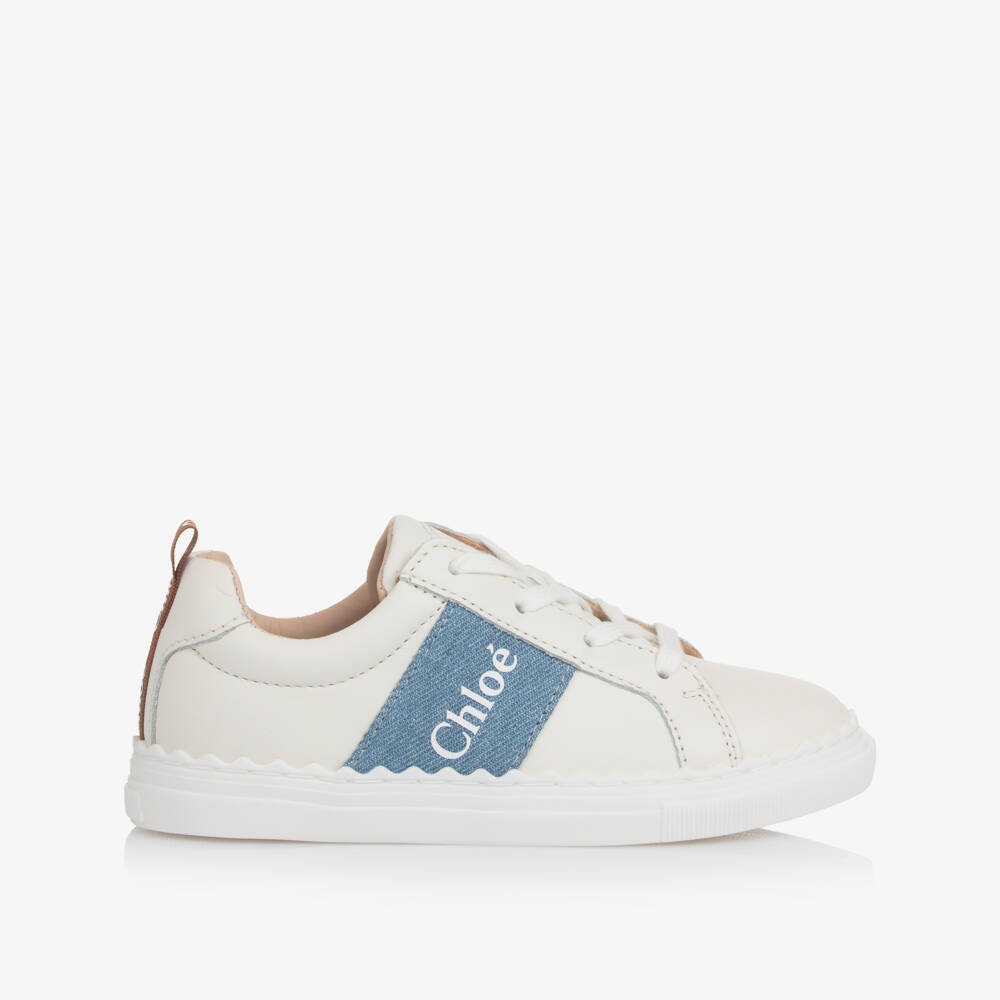 Chloé-Girls White Leather Lauren Trainers with Denim Trim | Childrensalon Outlet