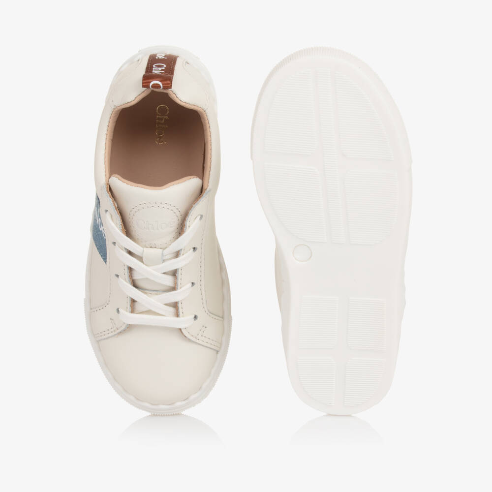Chloé-Girls White Leather Lauren Trainers with Denim Trim | Childrensalon Outlet