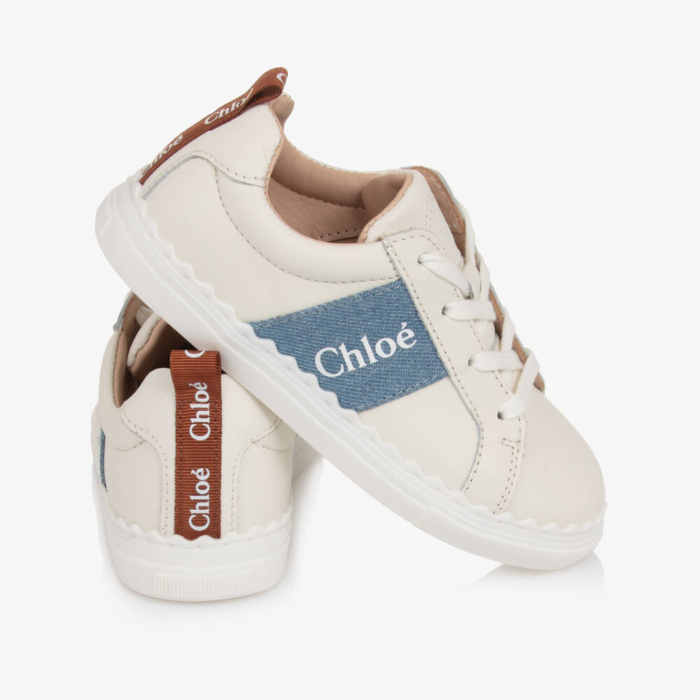 Chloé-Girls White Leather Lauren Trainers with Denim Trim | Childrensalon Outlet