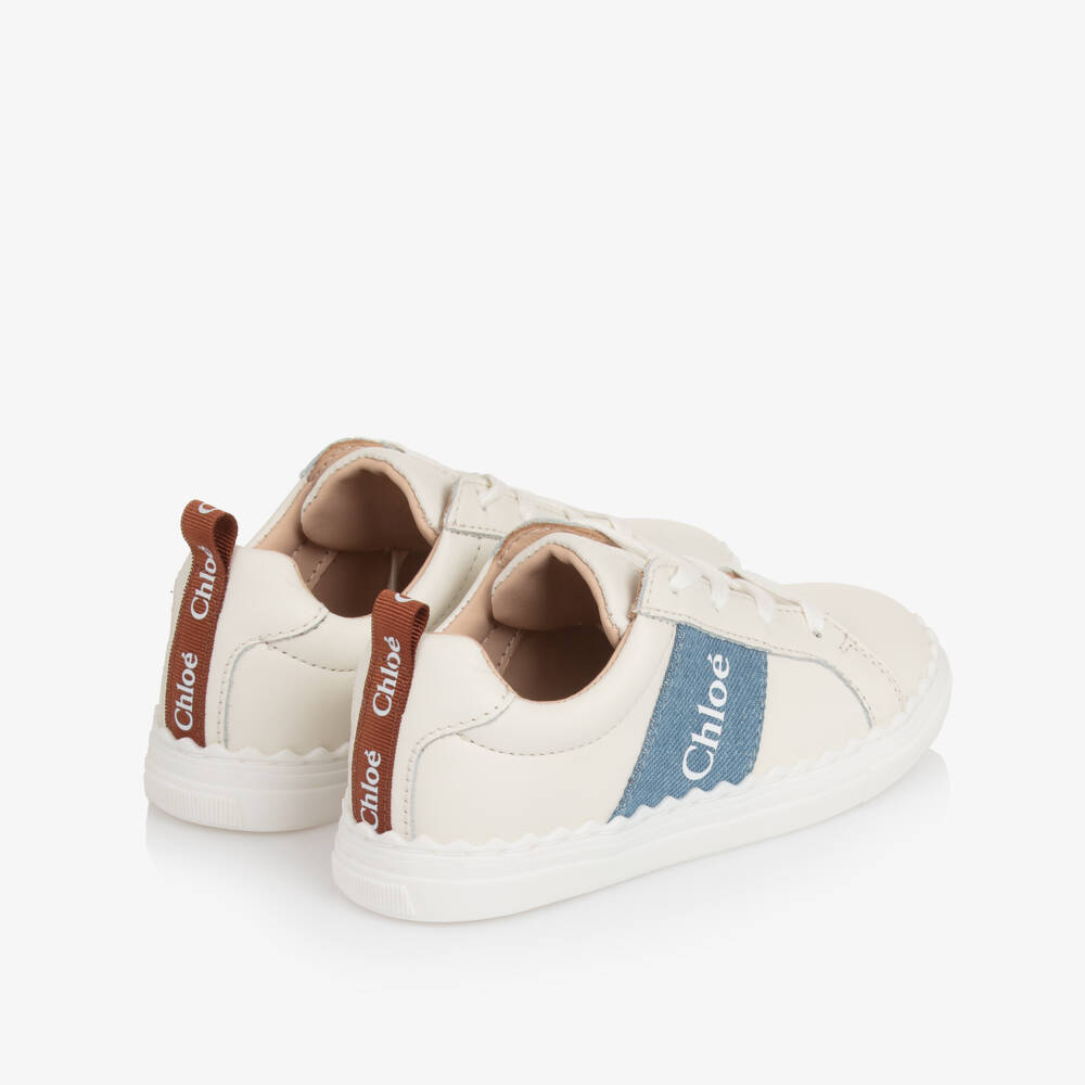 Chloé-Girls White Leather Lauren Trainers with Denim Trim | Childrensalon Outlet