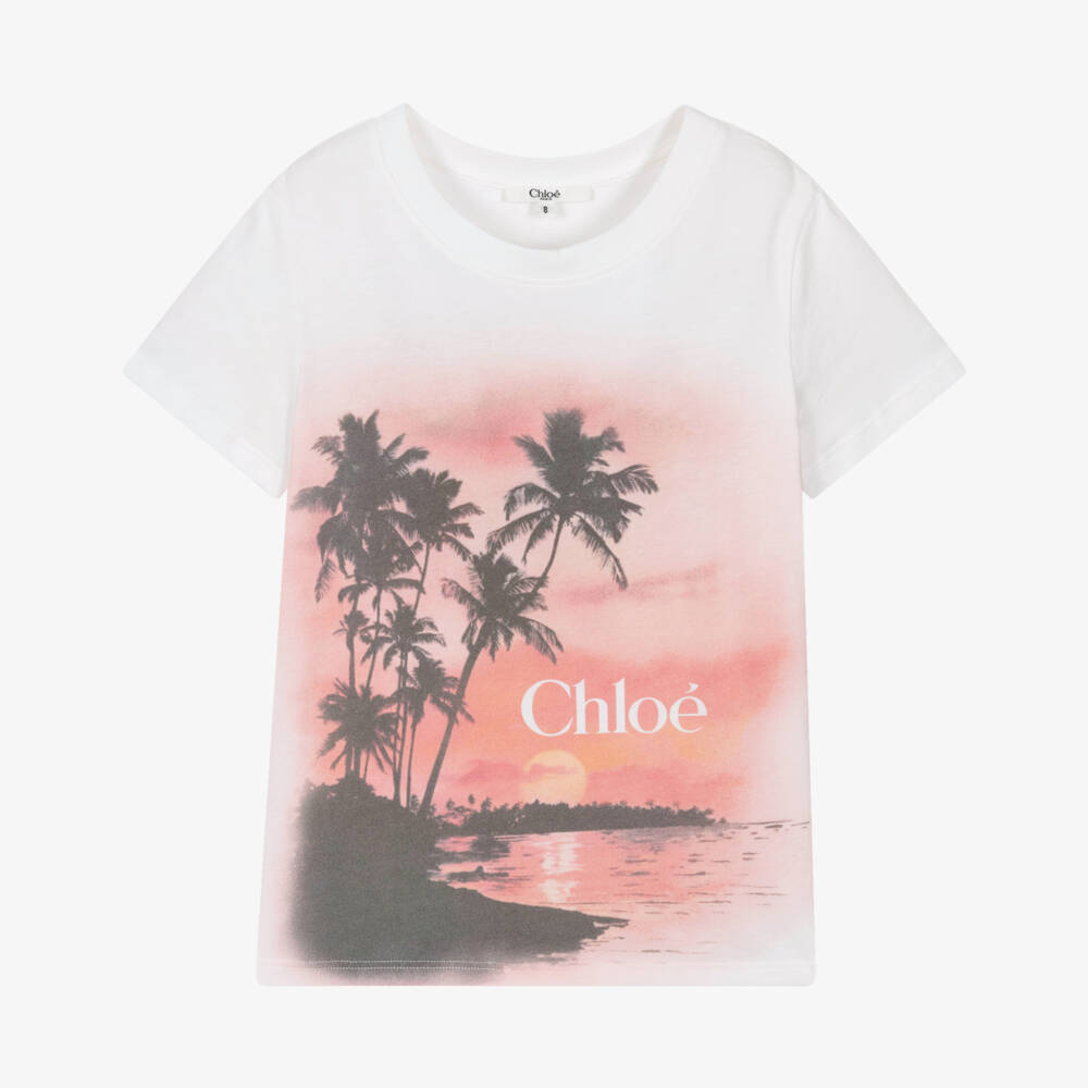 Chloé-Girls White & Pink Cotton Palm Tree T-Shirt | Childrensalon Outlet