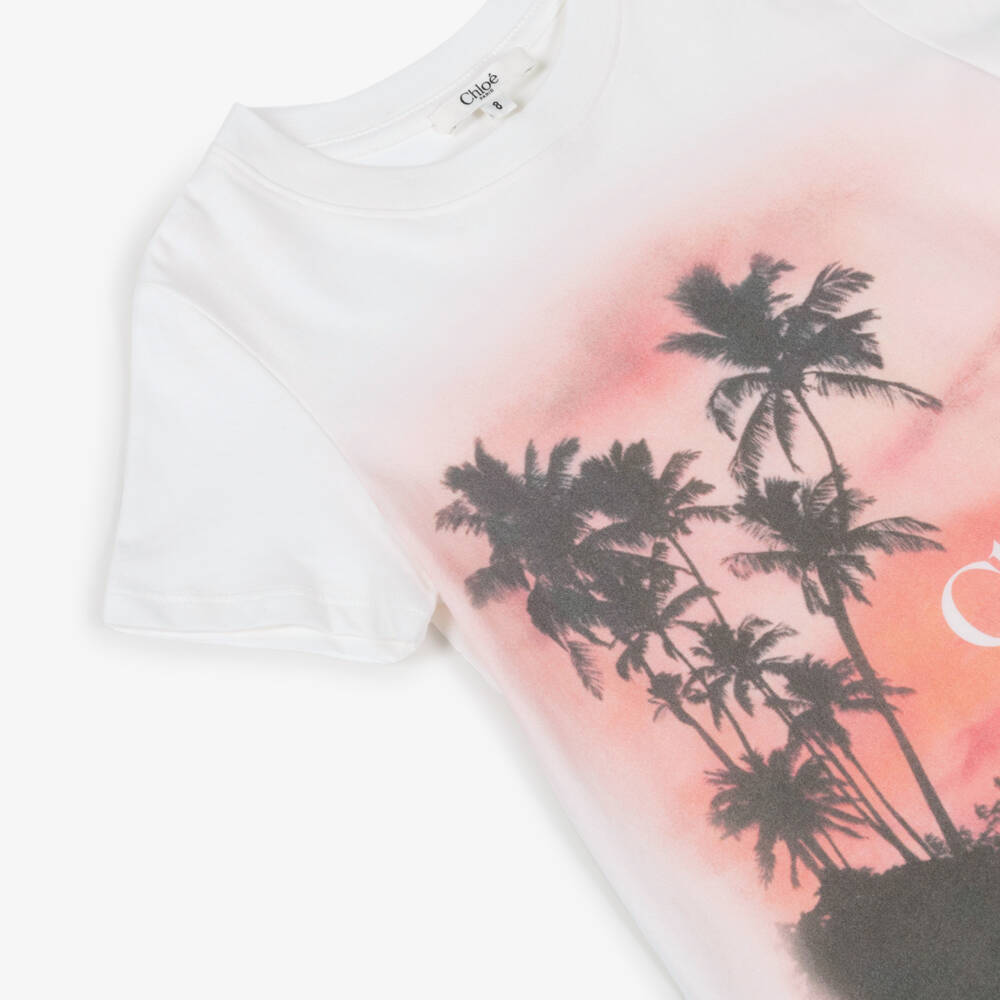 Chloé-Girls White & Pink Cotton Palm Tree T-Shirt | Childrensalon Outlet