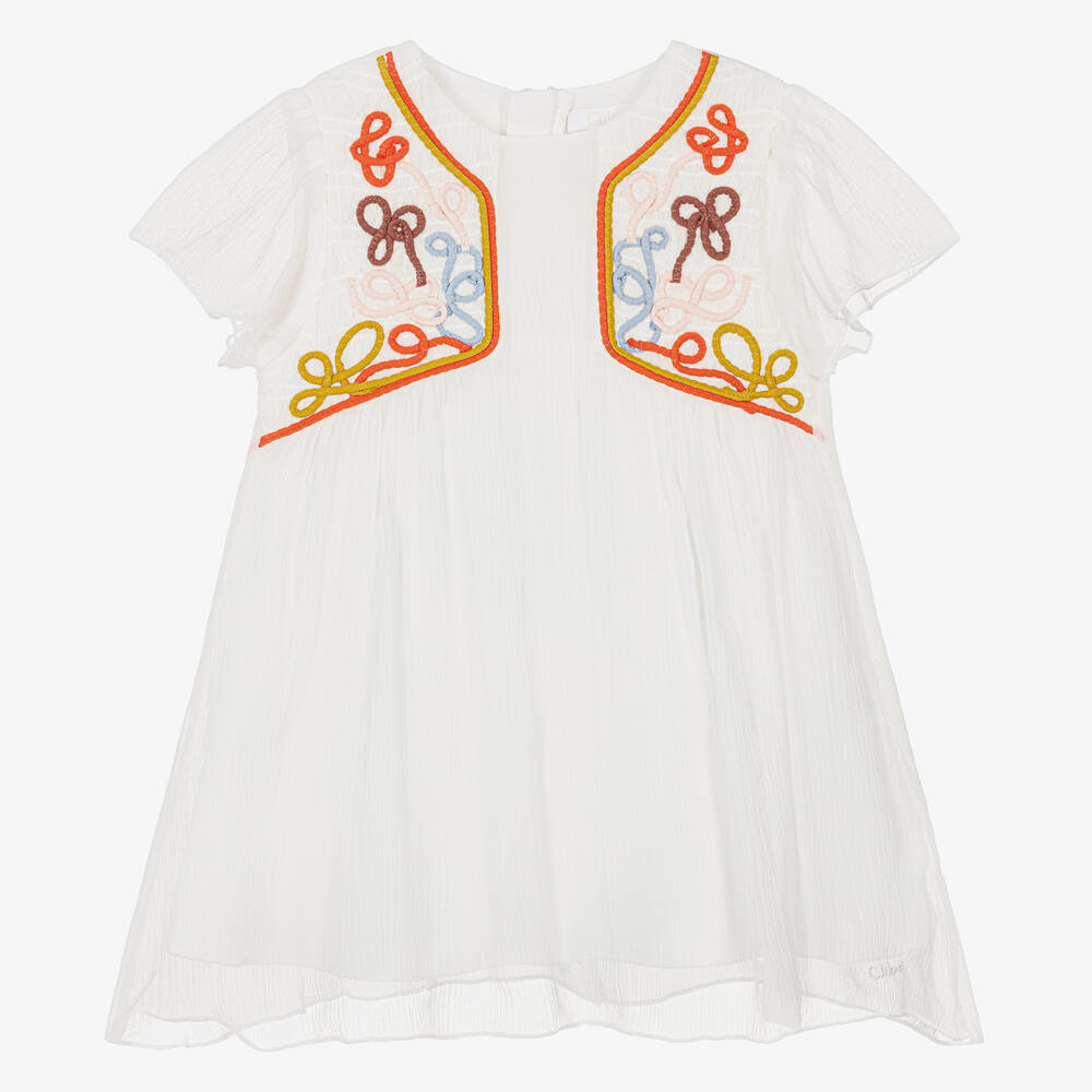 Chloé - Girls White Silk Embroidered Dress | Childrensalon