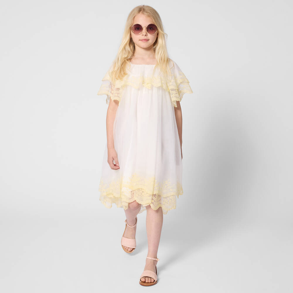 Chloé-Girls White Tulle Dress with Yellow Embroidered Trim | Childrensalon Outlet