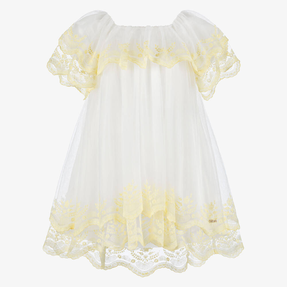 Chloé-Girls White Tulle Dress with Yellow Embroidered Trim | Childrensalon Outlet