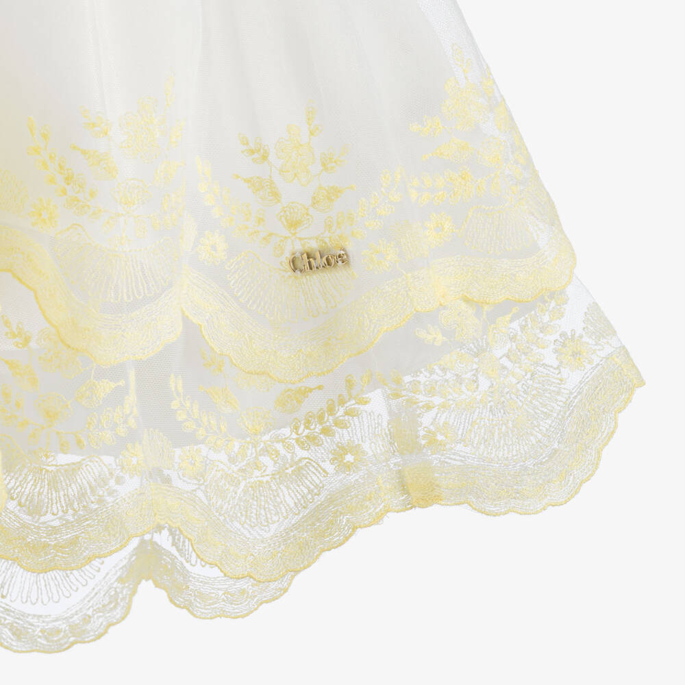 Chloé-Girls White Tulle Dress with Yellow Embroidered Trim | Childrensalon Outlet