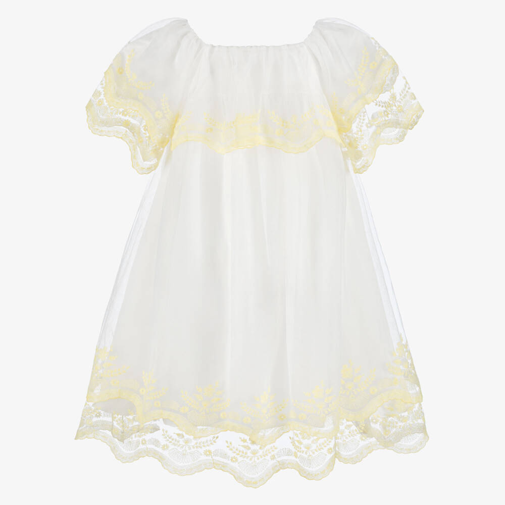 Chloé-Girls White Tulle Dress with Yellow Embroidered Trim | Childrensalon Outlet