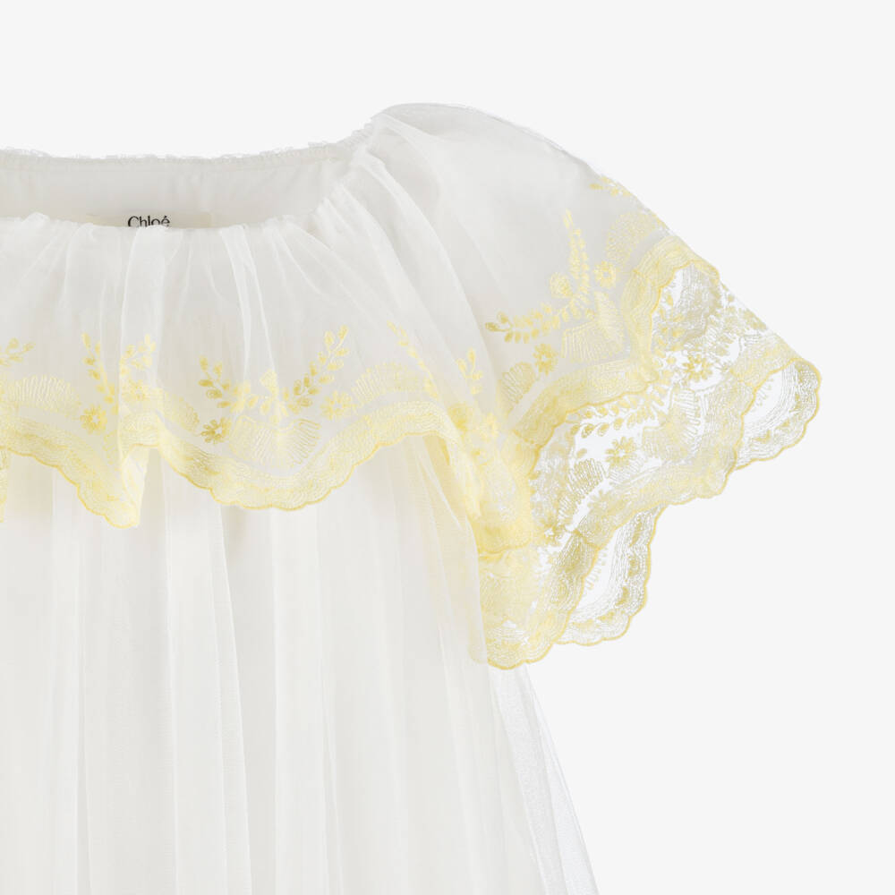 Chloé-Girls White Tulle Dress with Yellow Embroidered Trim | Childrensalon Outlet