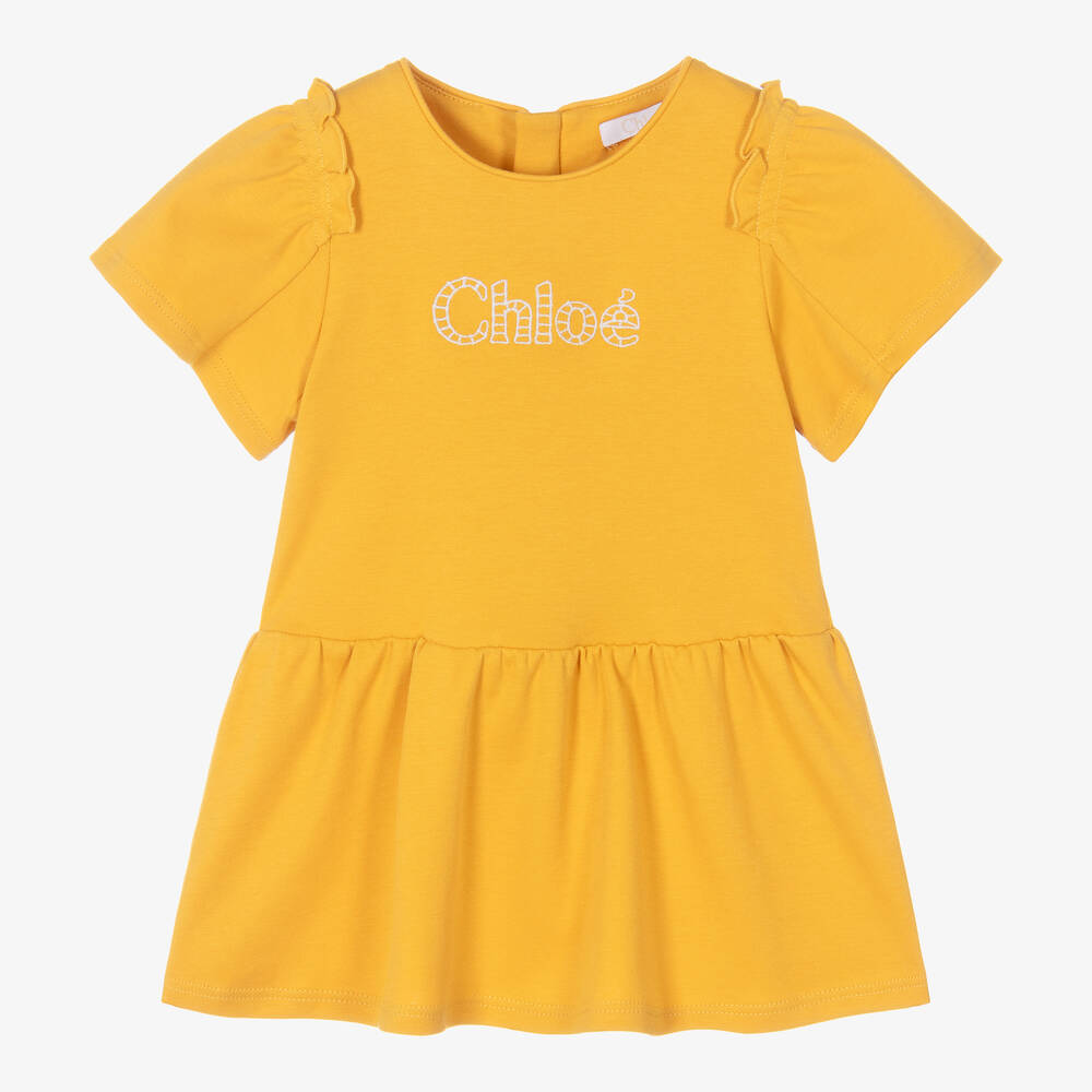 Chloé-Girls Yellow Cotton Frill Sleeve Dress | Childrensalon Outlet