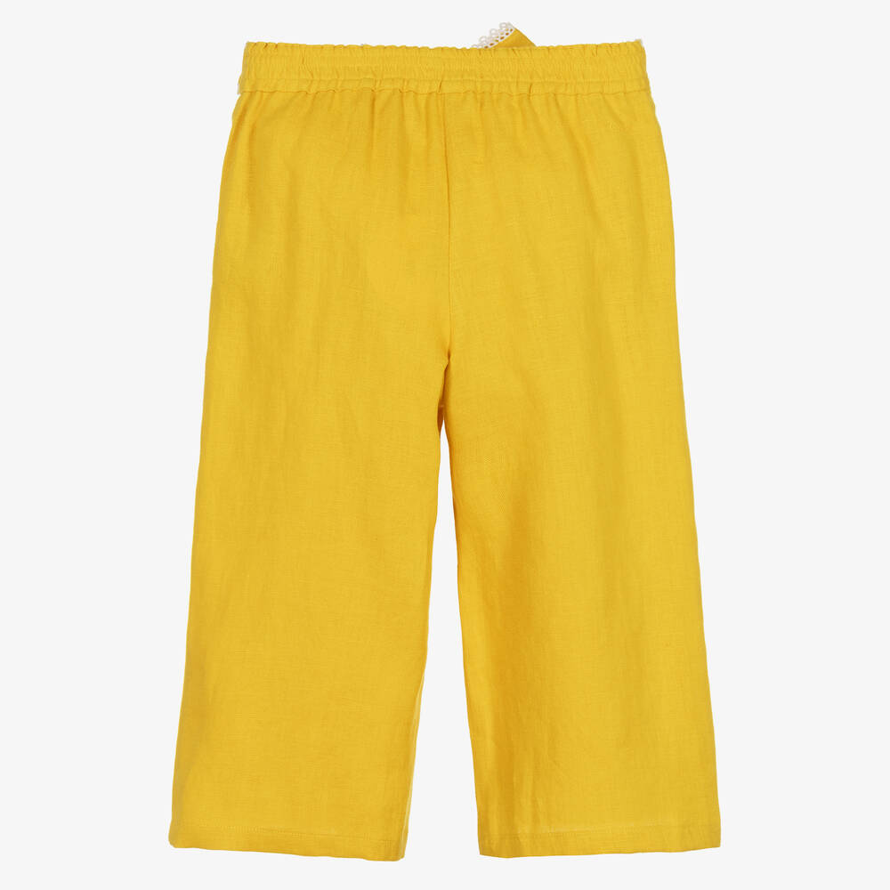Chloé-بنطلون بأرجل واسعة كتان لون أصفر موتارد للبنات | Childrensalon Outlet