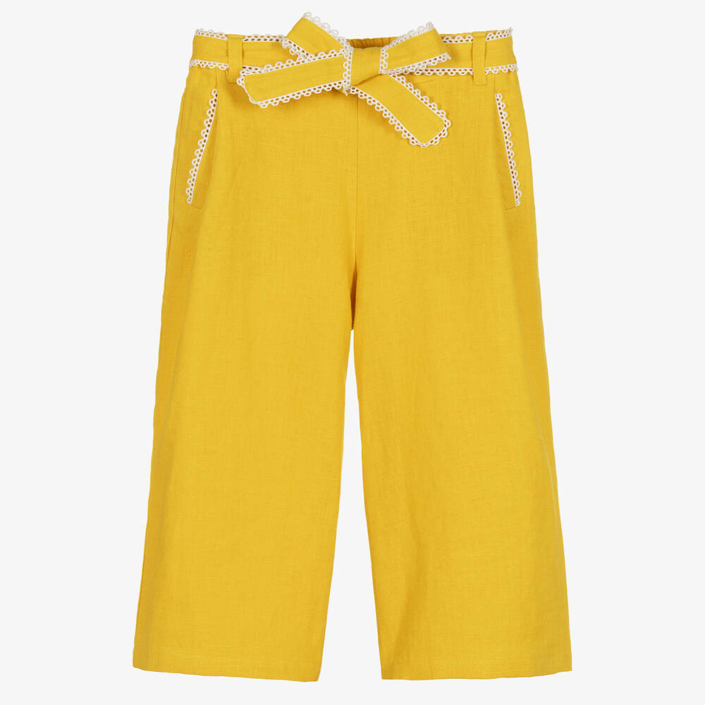 Chloé - Girls Yellow Linen Wide Leg Trousers | Childrensalon