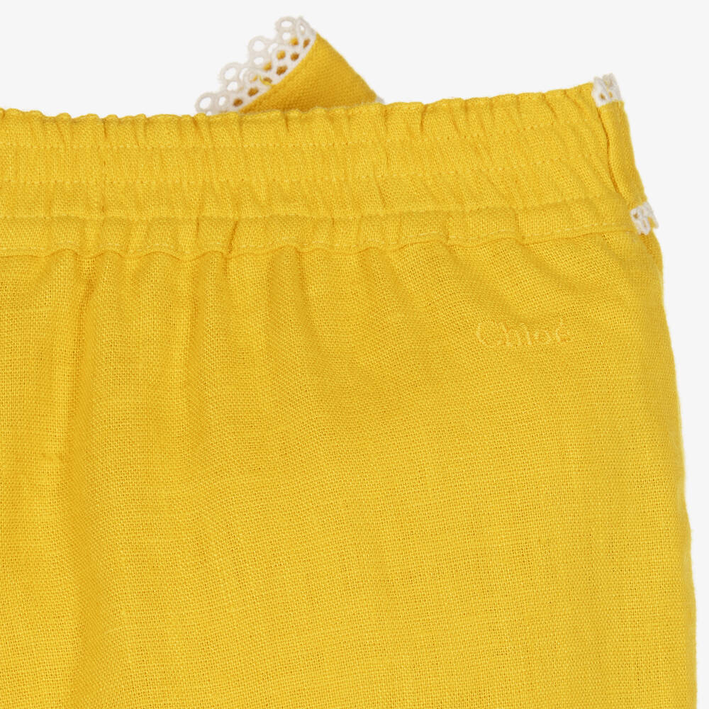 Chloé-بنطلون بأرجل واسعة كتان لون أصفر موتارد للبنات | Childrensalon Outlet