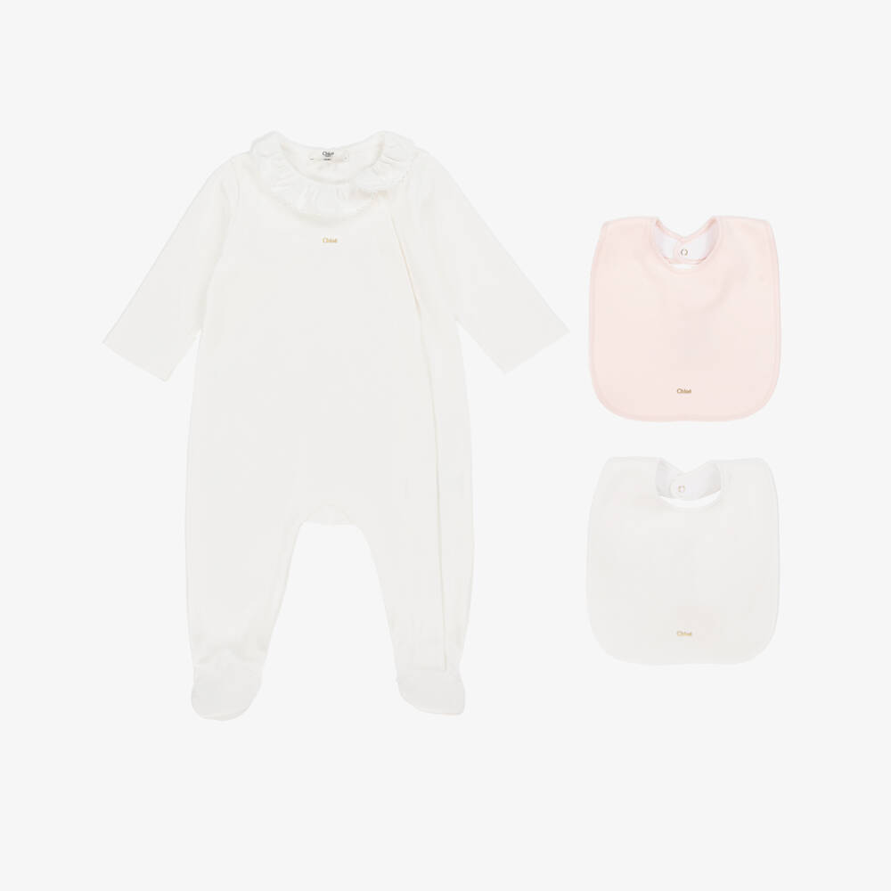 Chloé-Ivory Baby Ensemble: Grow & Bibs | Childrensalon Outlet