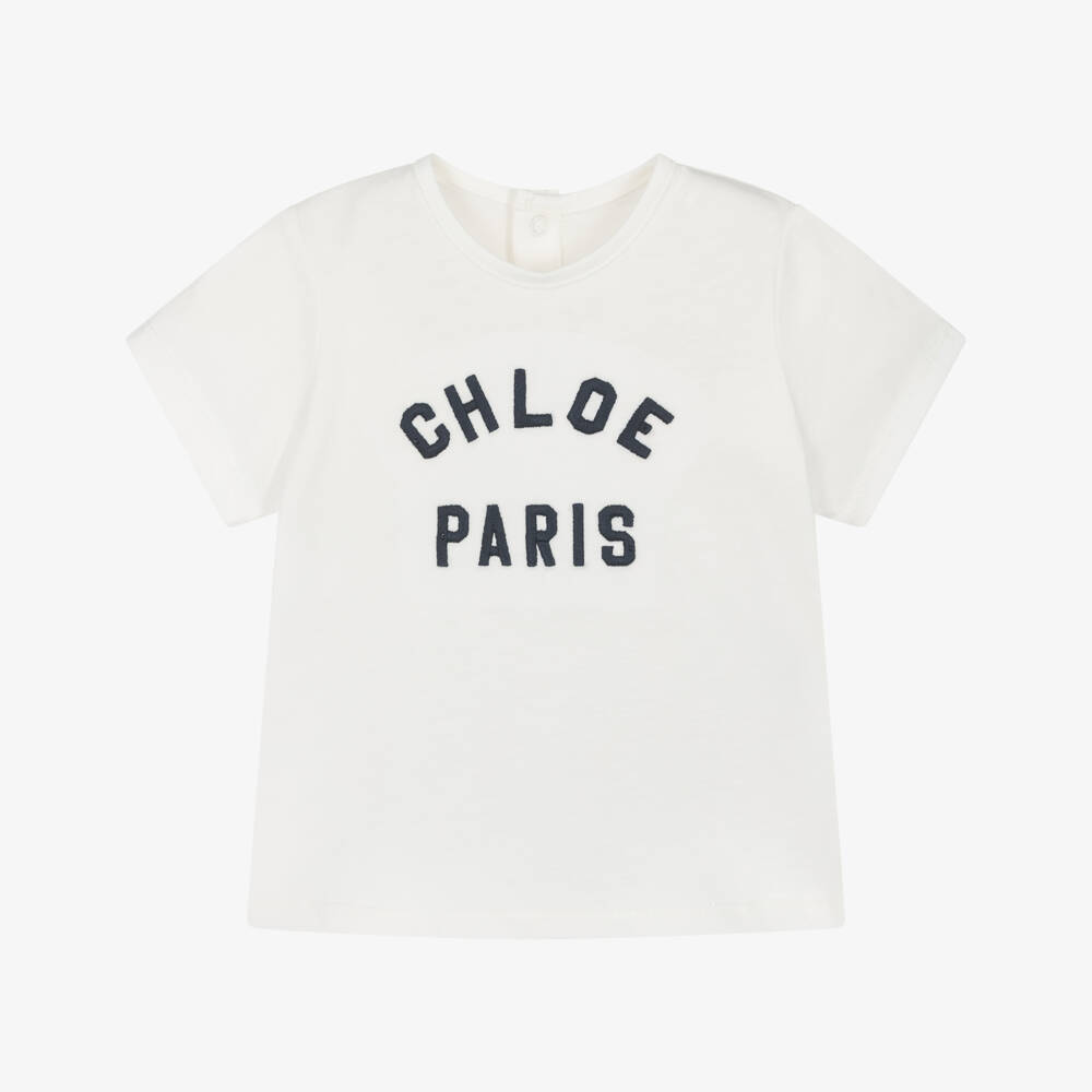 Chloé-Ivory Cotton Logo Tee for Girls | Childrensalon Outlet