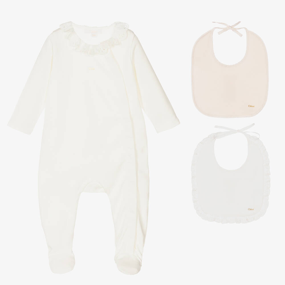 Chloé - Ensemble grenouillère ivoire et rose | Childrensalon