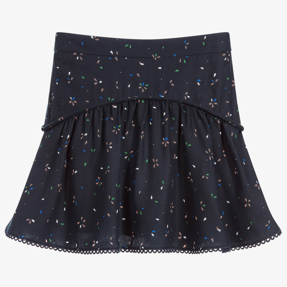 Chloé-Navy Blue Floral Viscose Skirt | Childrensalon Outlet