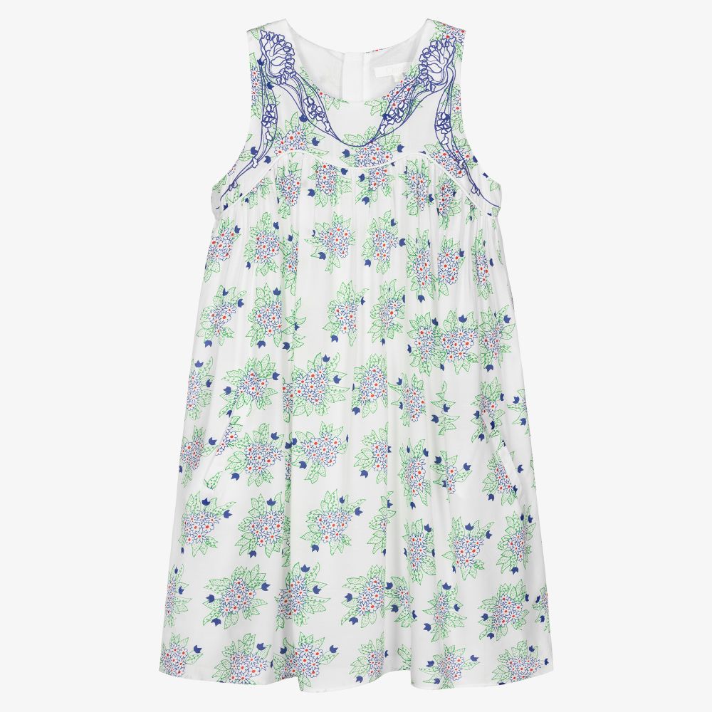 Chloé - Robe bleue/blanche en soie Ado | Childrensalon