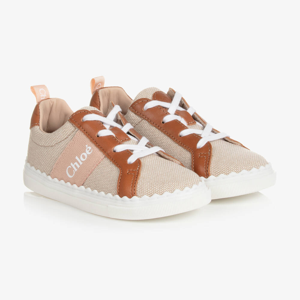 Chloé - Baskets beiges en toile et cuir | Childrensalon