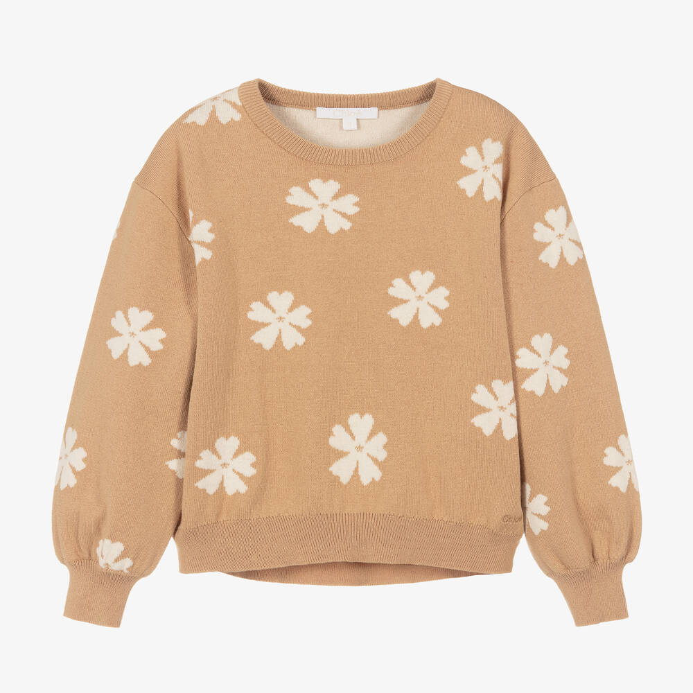 Chloé - Teen Girls Beige Knitted Flower Sweater | Childrensalon