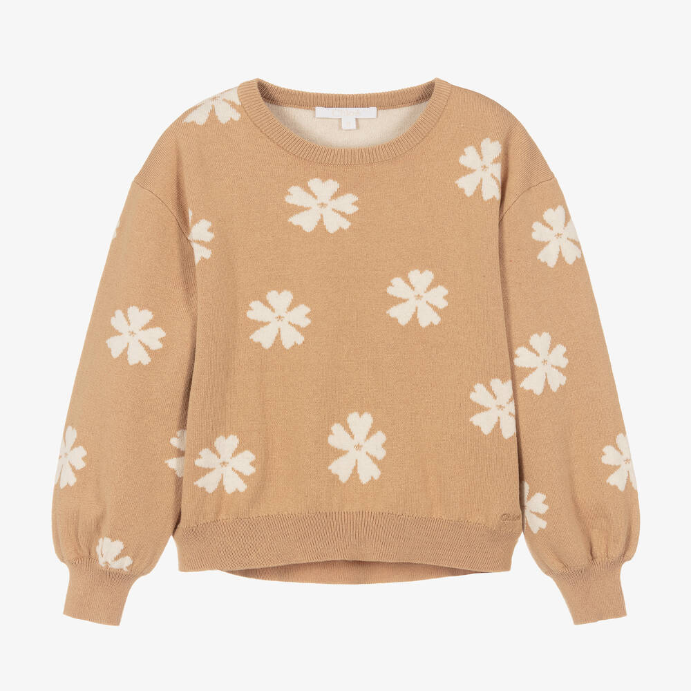 Chloé - Pull beige en maille à fleurs ado | Childrensalon