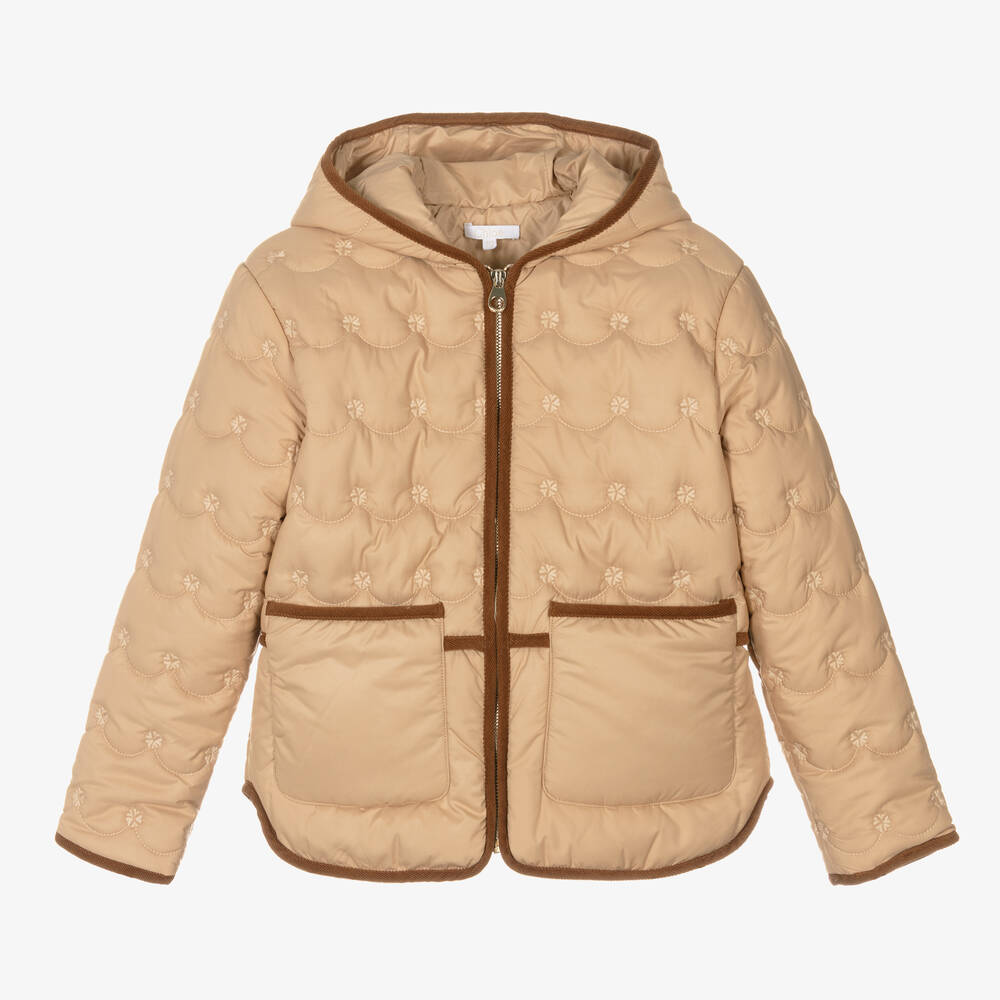 Chloé-جاكيت هودي تينز بناتي مبطن لون بيج بطبعة ورود | Childrensalon Outlet
