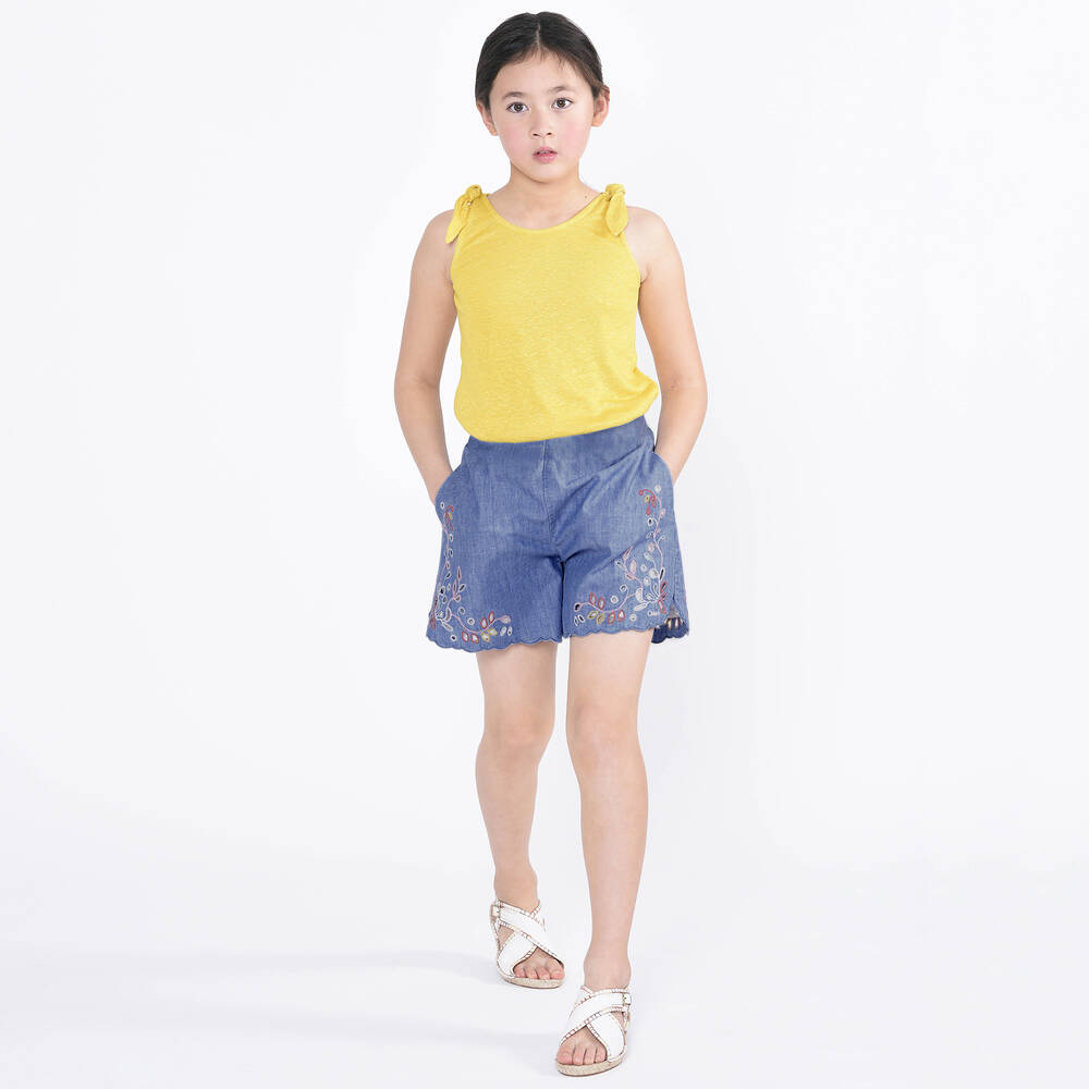 Chloé-Голубые шорты из шамбре с цветочным узором | Childrensalon Outlet