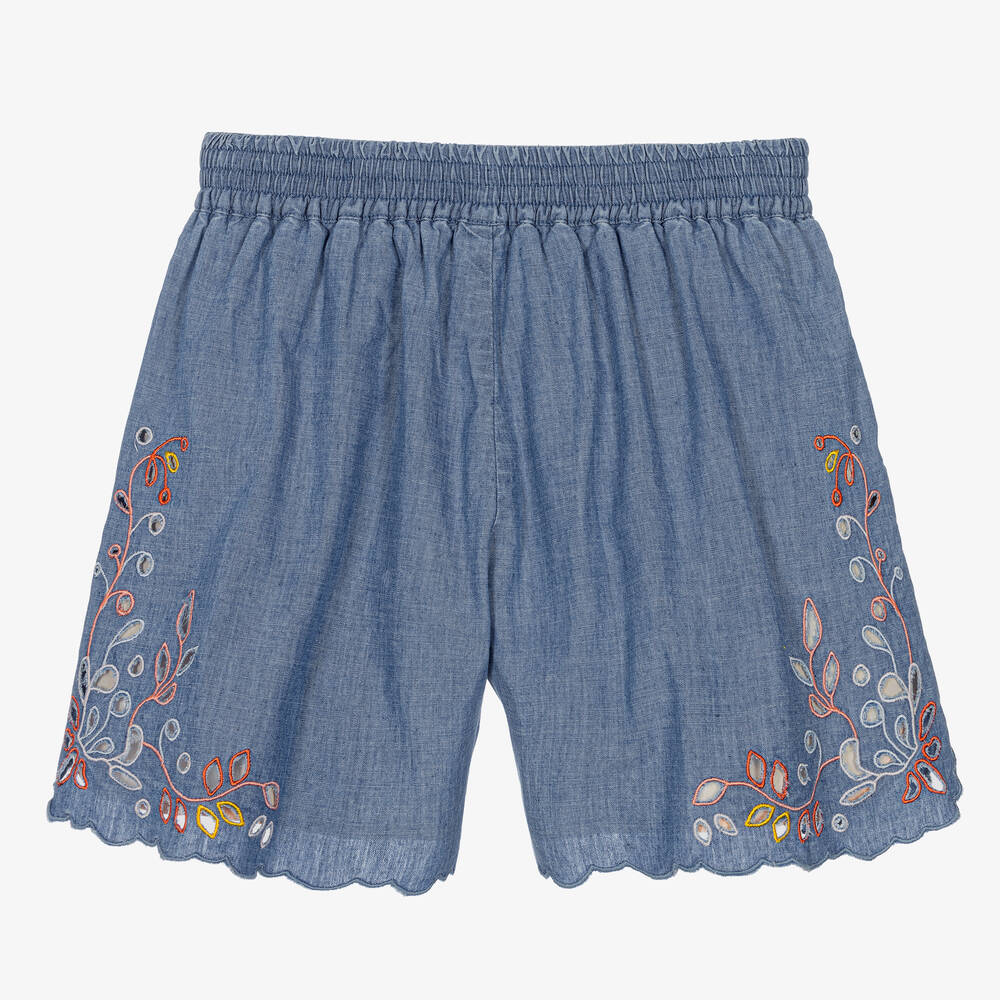 Chloé-Голубые шорты из шамбре с цветочным узором | Childrensalon Outlet