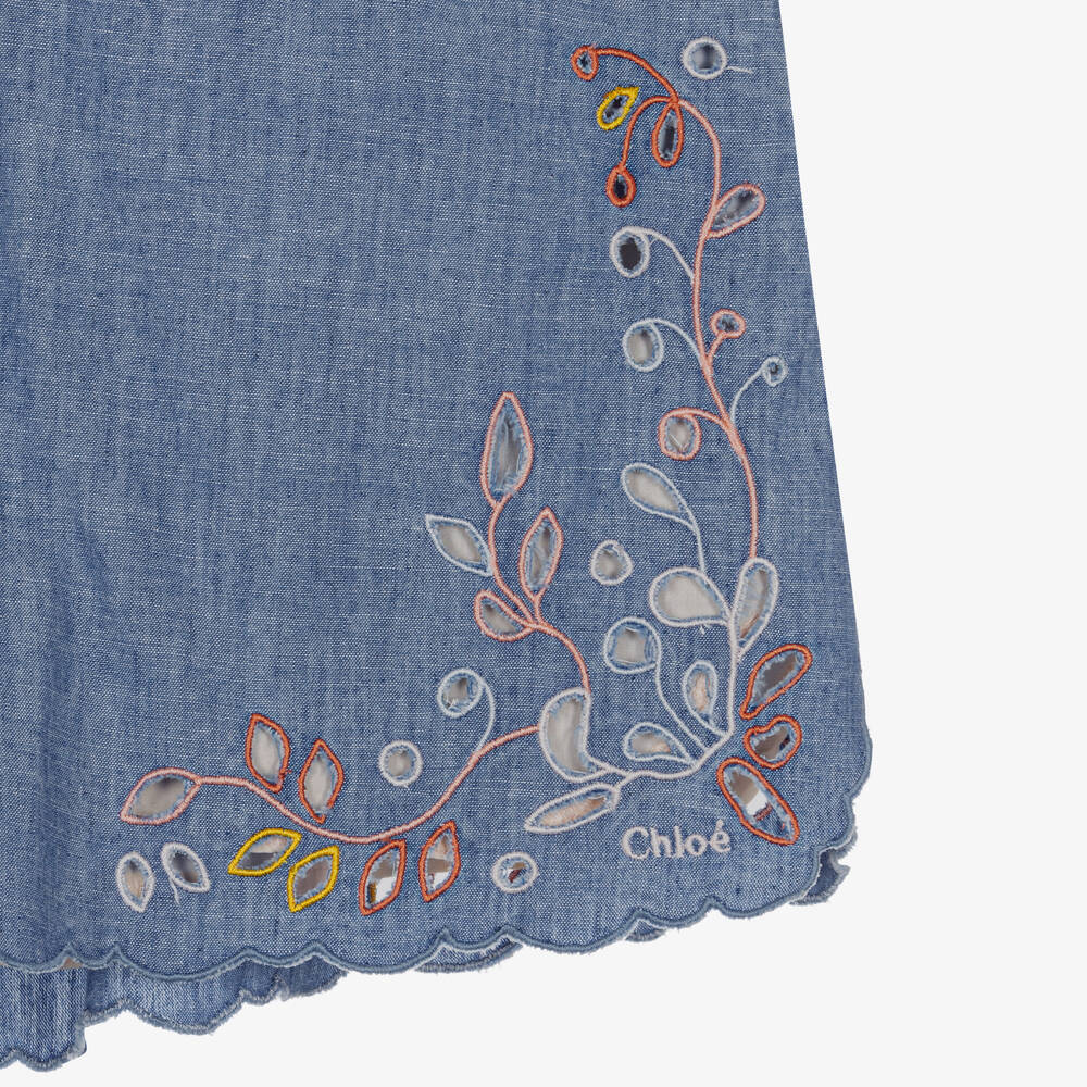 Chloé-Голубые шорты из шамбре с цветочным узором | Childrensalon Outlet
