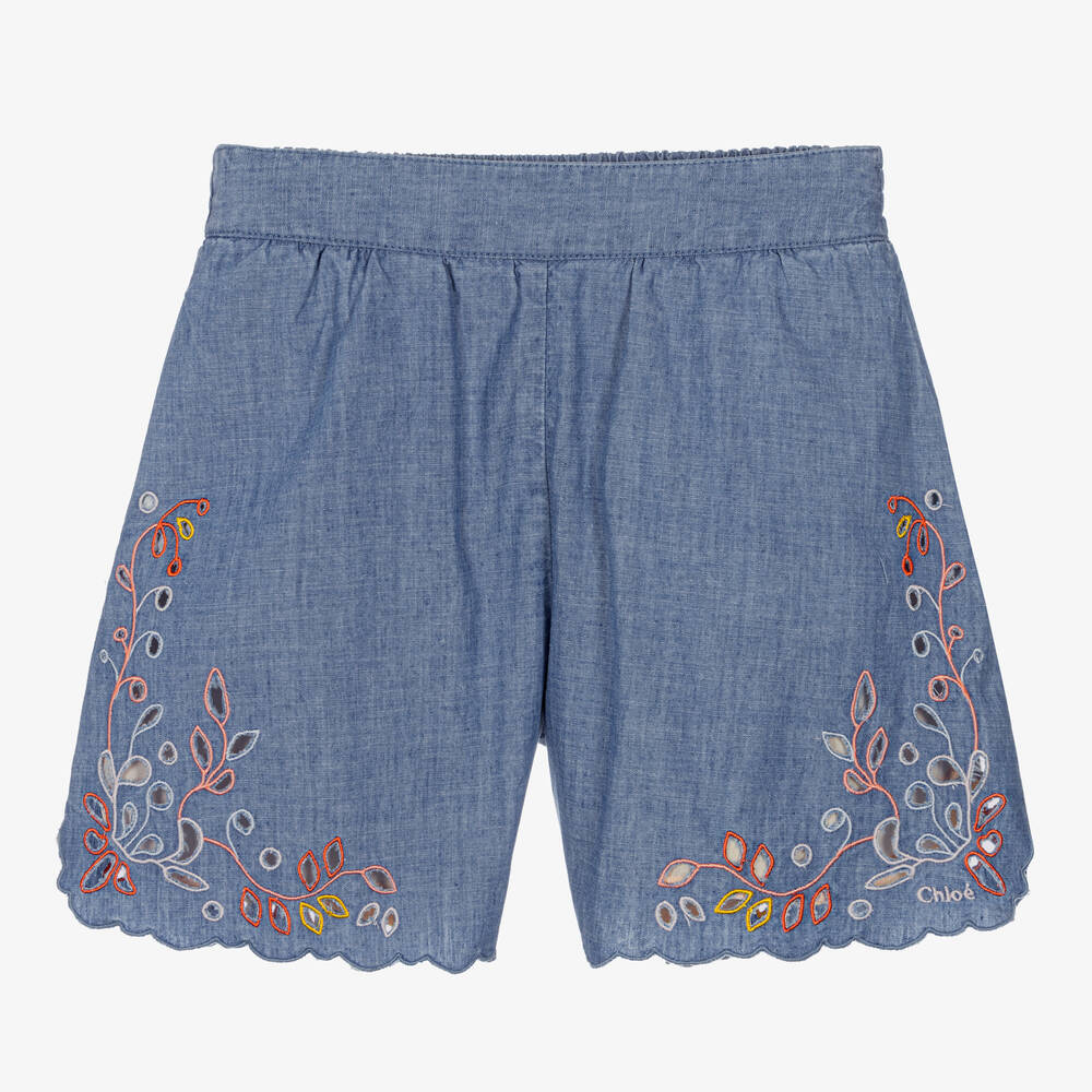 Chloé - Teen Girls Blue Chambray Floral Shorts | Childrensalon