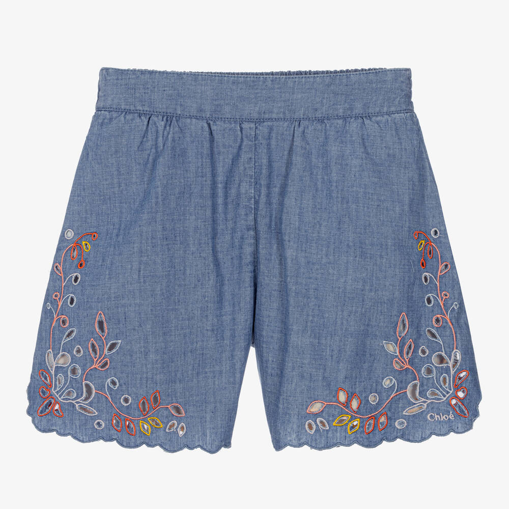 Chloé - Blaue geblümte Teen Chambray-Shorts | Childrensalon