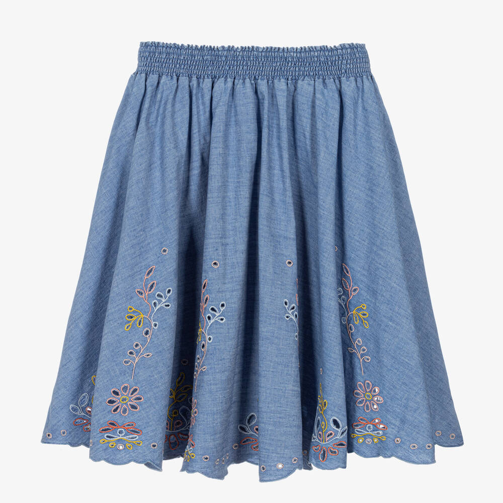 Chloé-تنورة قطن شامبري لون أزرق بطبعة ورود | Childrensalon Outlet