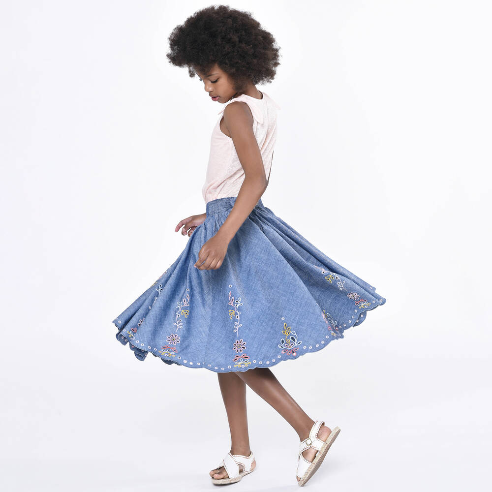 Chloé-تنورة قطن شامبري لون أزرق بطبعة ورود | Childrensalon Outlet