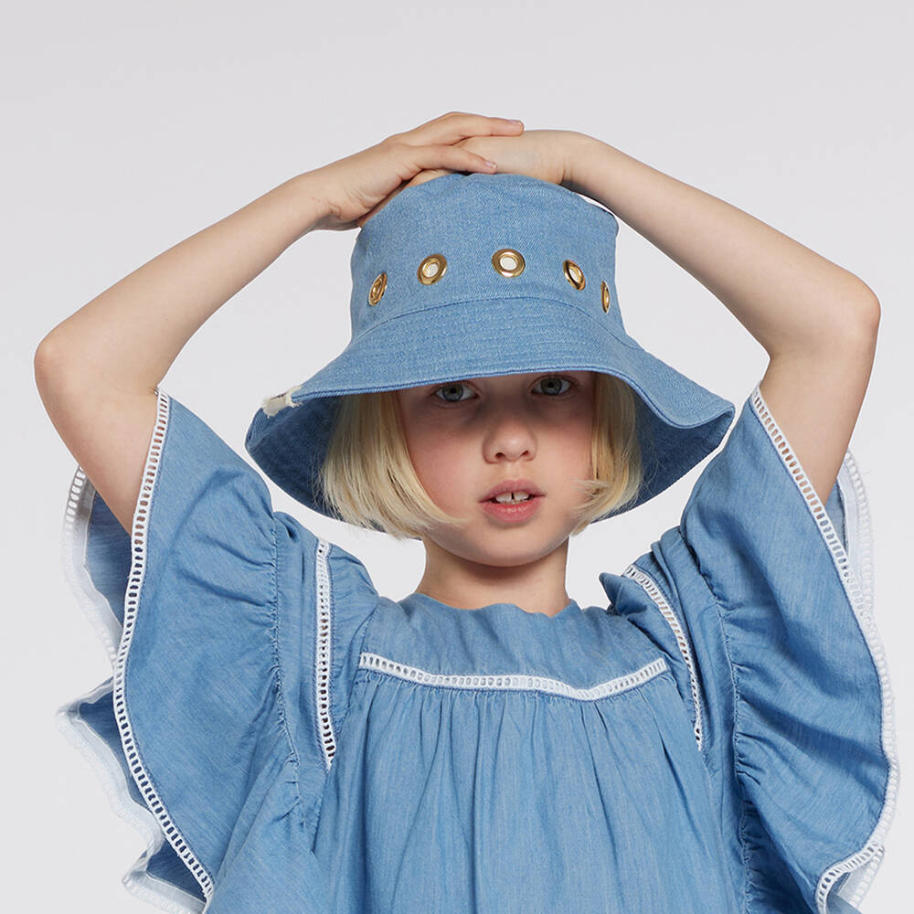 Chloe Teen Girls Blue Denim Eyelet Bucket Hat
