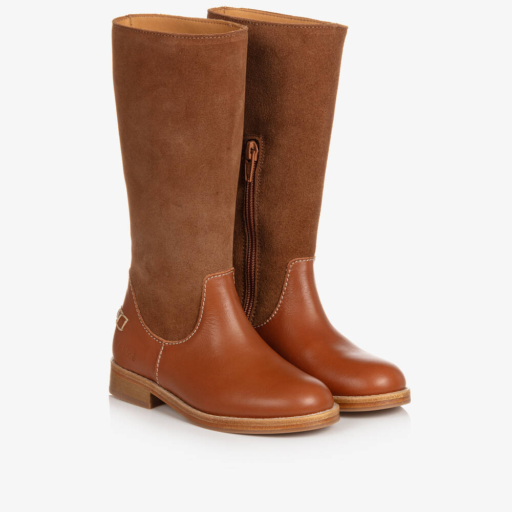 Chloé - Bottes marron en daim et cuir ado | Childrensalon